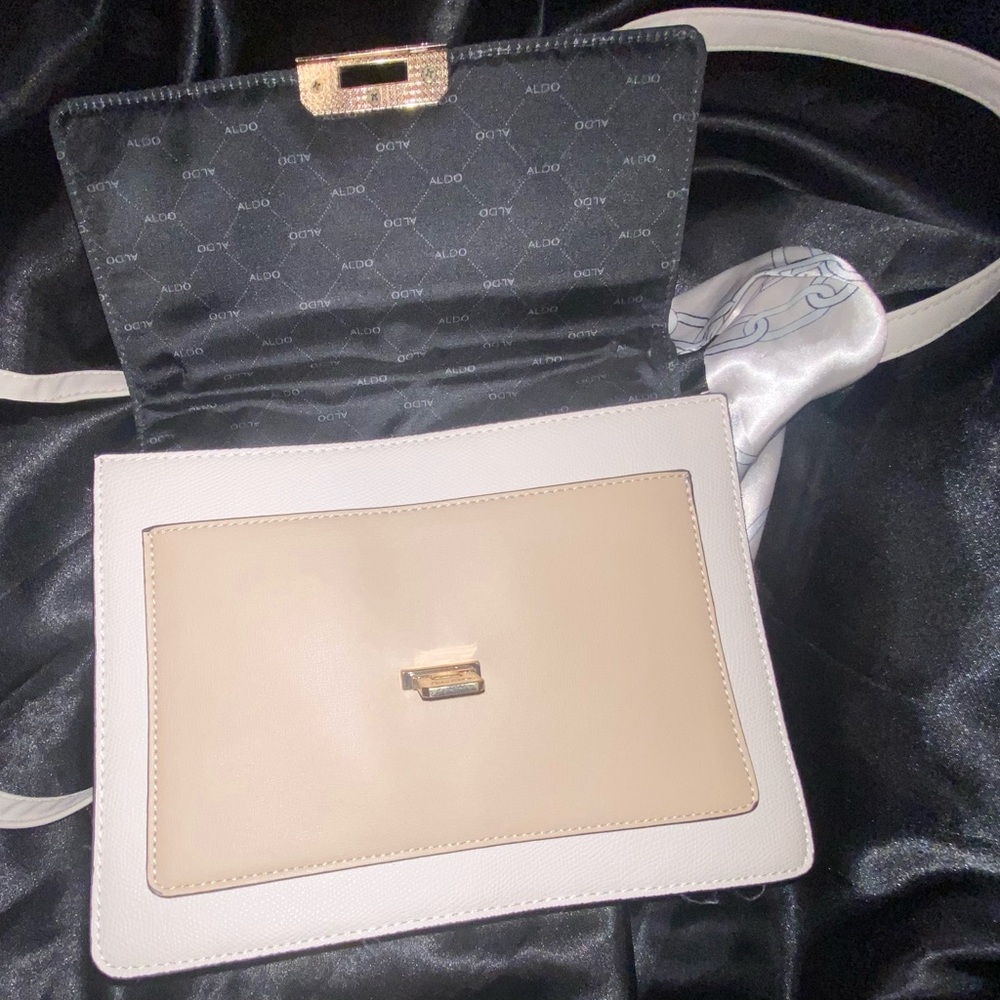 Aldo ANNIEBROOK Cream, tan and Snake Print Shoulder Bag. Elegant accent bow. - Picture 15 of 15